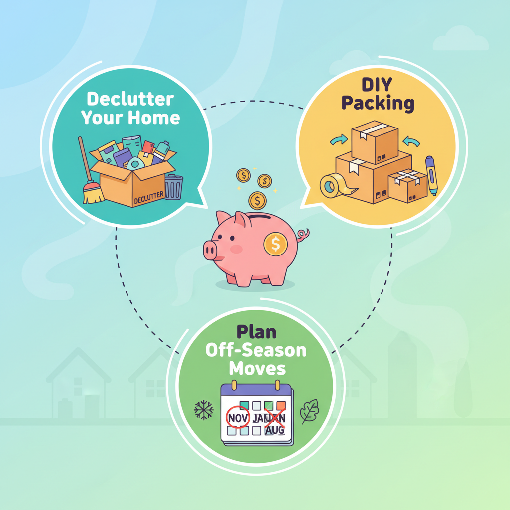 Illustration of budget-friendly moving tips with icons for decluttering, DIY packing, and off-season moves, including a piggy bank and a calendar.