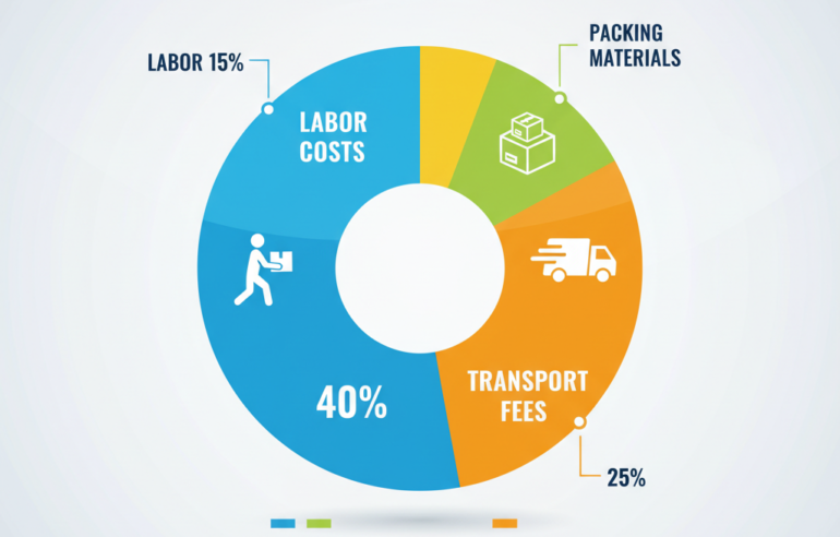 Pie chart showing the breakdown of packers and movers charges, including packing materials, labor, transport, and additional fees