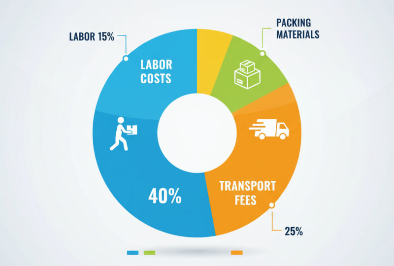 Pie chart showing the breakdown of packers and movers charges, including packing materials, labor, transport, and additional fees