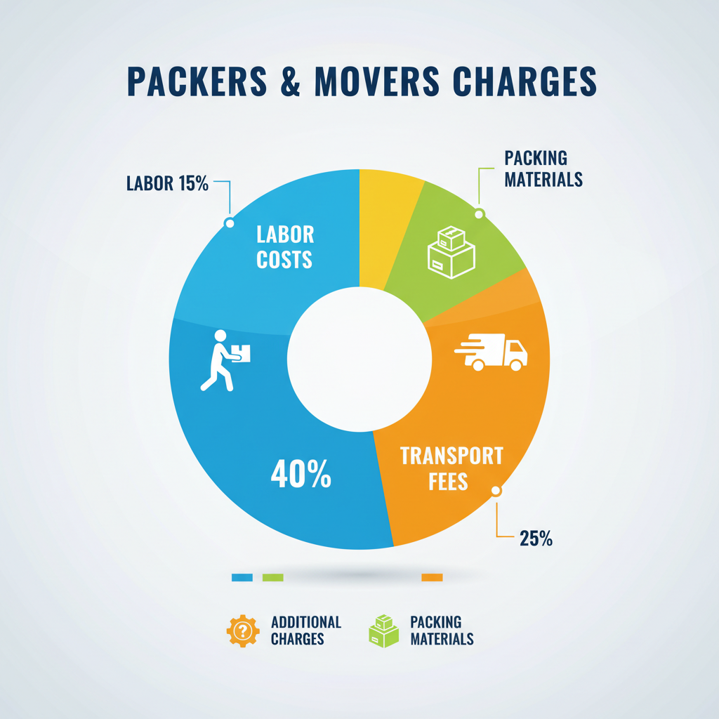 Pie chart showing the breakdown of packers and movers charges, including packing materials, labor, transport, and additional fees